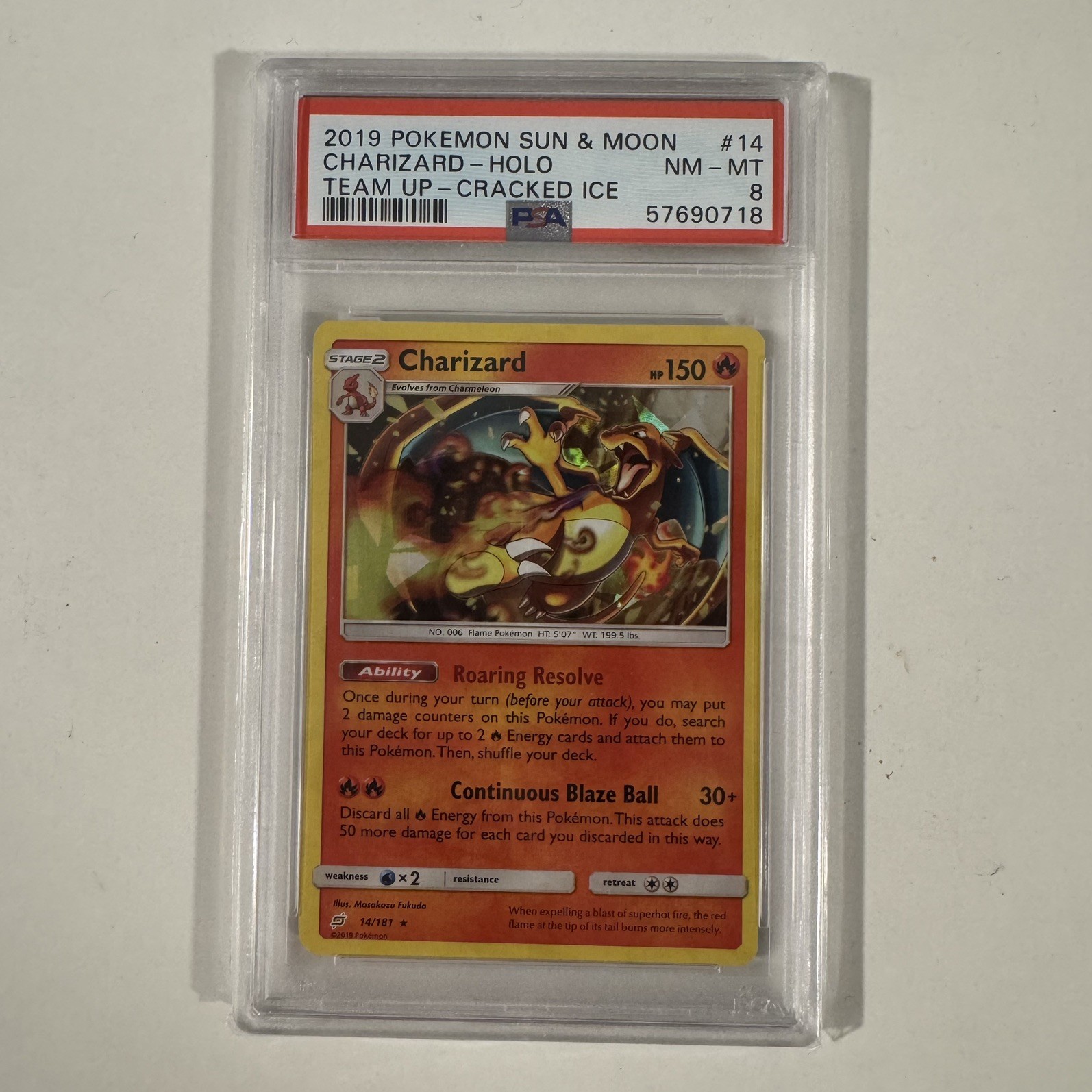 Pokemon 2019 Sun & Moon Team Up 14/181 Cracked Ice Holo Rare Charizard PSA 8