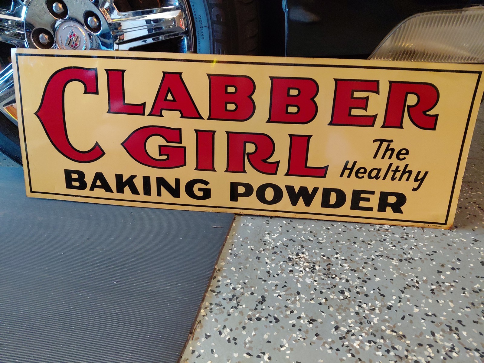 c.1971 Original Vintage Clabber Girl Baking Powder Sign Metal 2 Sided Kitchen 