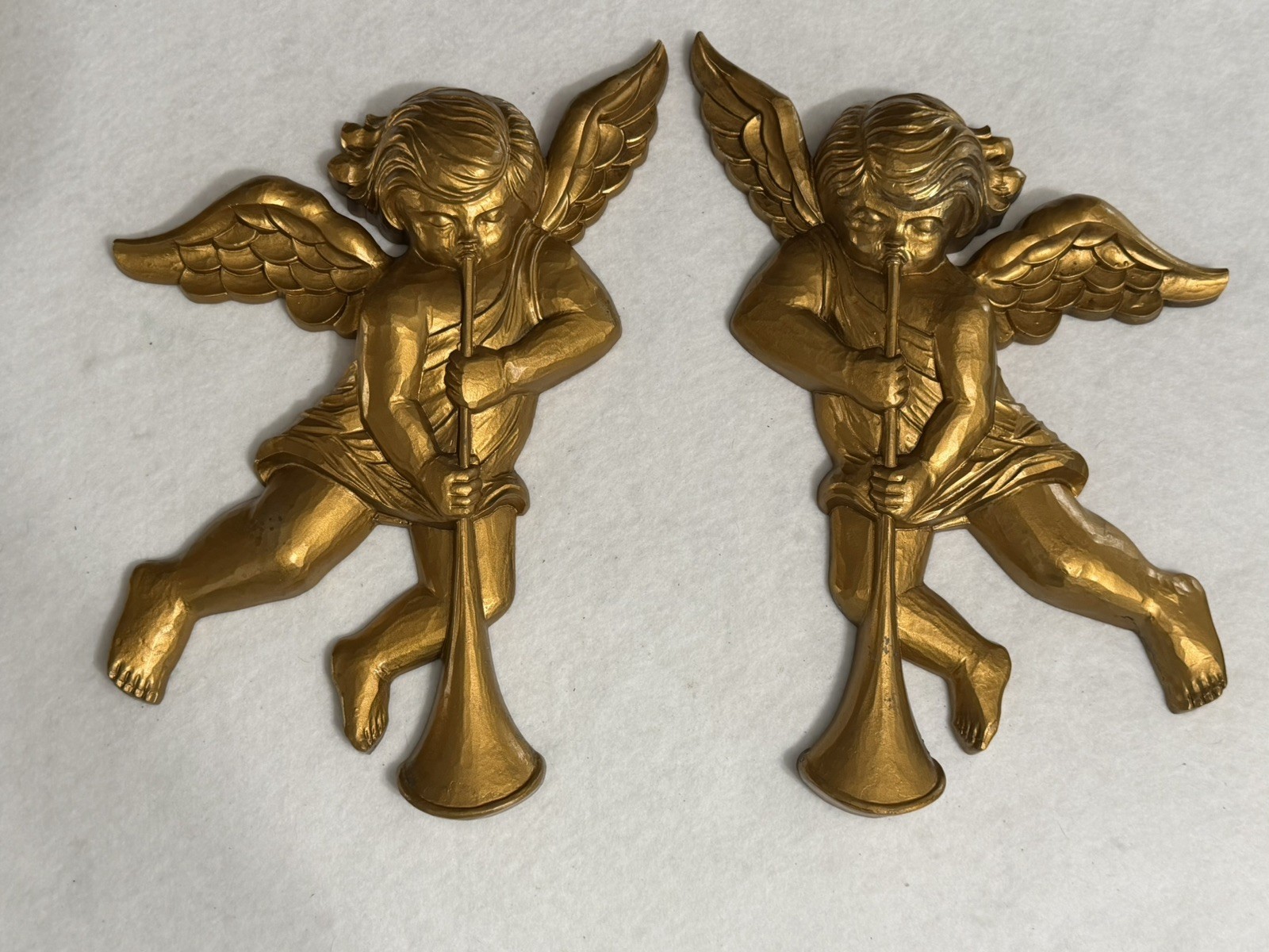 VtG 1960’s Syroco Set Of 2 Gold Cherub Angels W/Horns Wall Decor Hangings 13”
