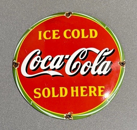 VINTAGE 12” DOMED COKE COLA SODA STORE PORCELAIN SIGN CAR GAS OIL MOTORCYCLE