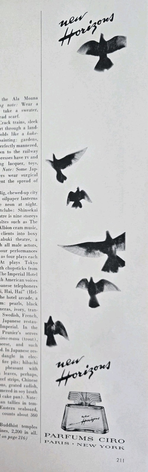 1963 Parfums Ciro New Horizons perfume bottle Birds Art Vintage Ad