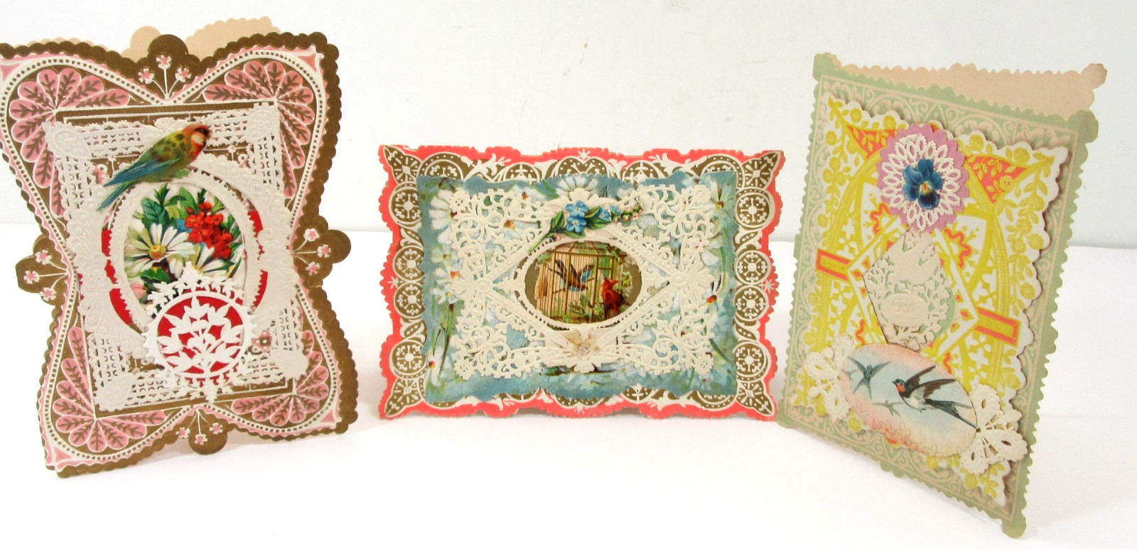 Antique 1800\'s Victorian Die-Cut Love Birds Flowers Valentine Card Lot of 3
