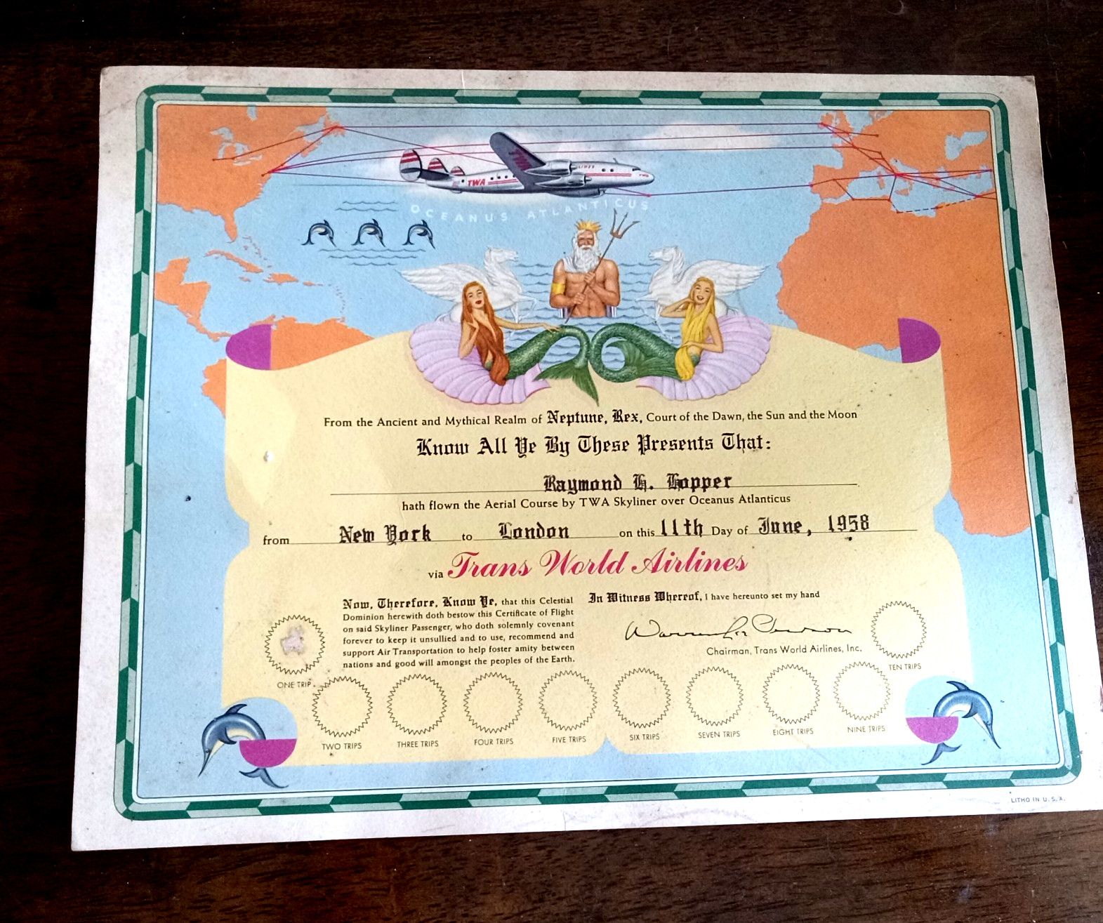 Original 1958 TWA TRANS WORLD AIRLINES Flight Certificate Neptune NY to London Original 1958 TWA TRANS WORLD AIRLINES Flight Certificate Neptune NY to London