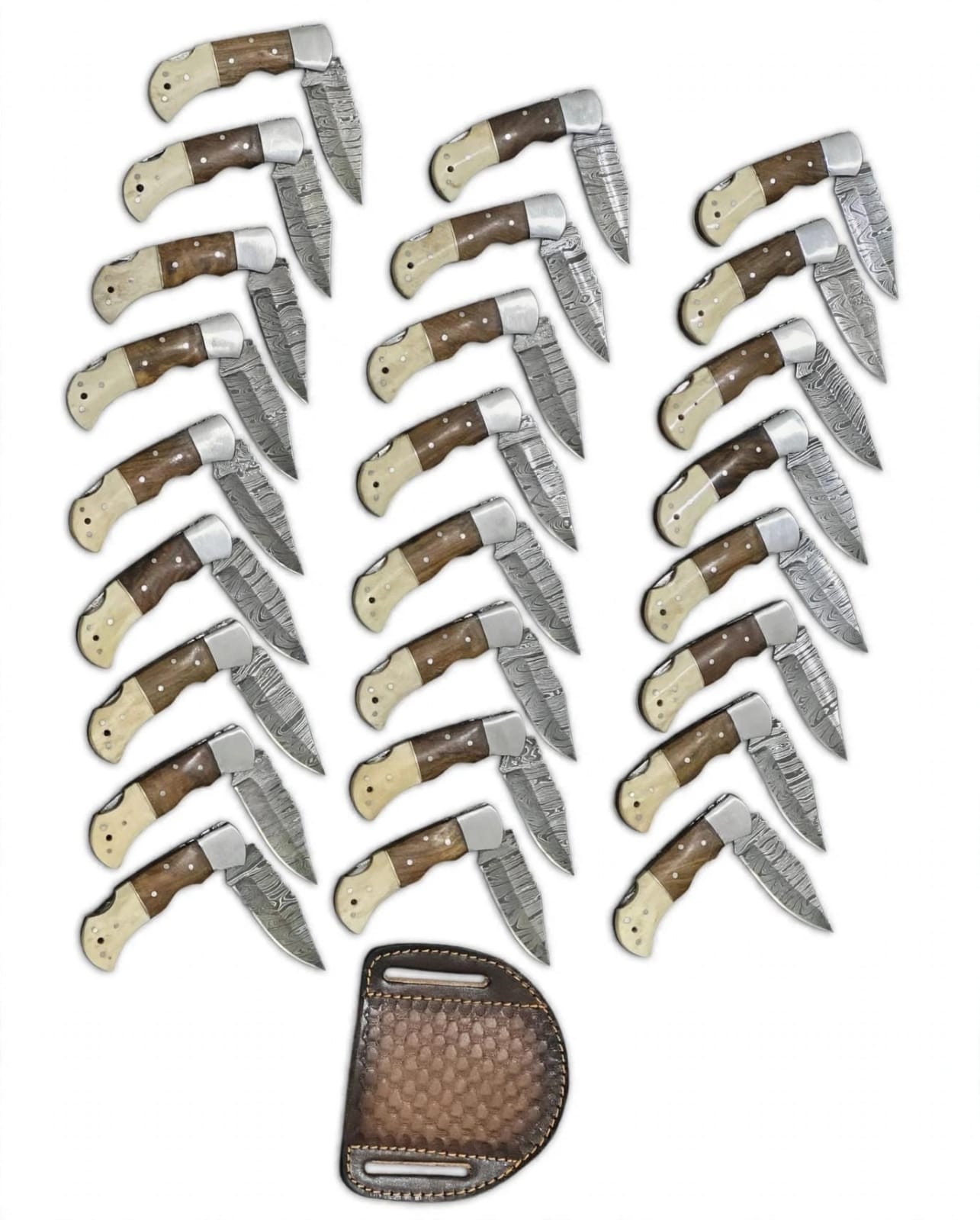 LOT of 20pcs Damascus Steel Folding knife, Pocket Knives With Leather Sheath