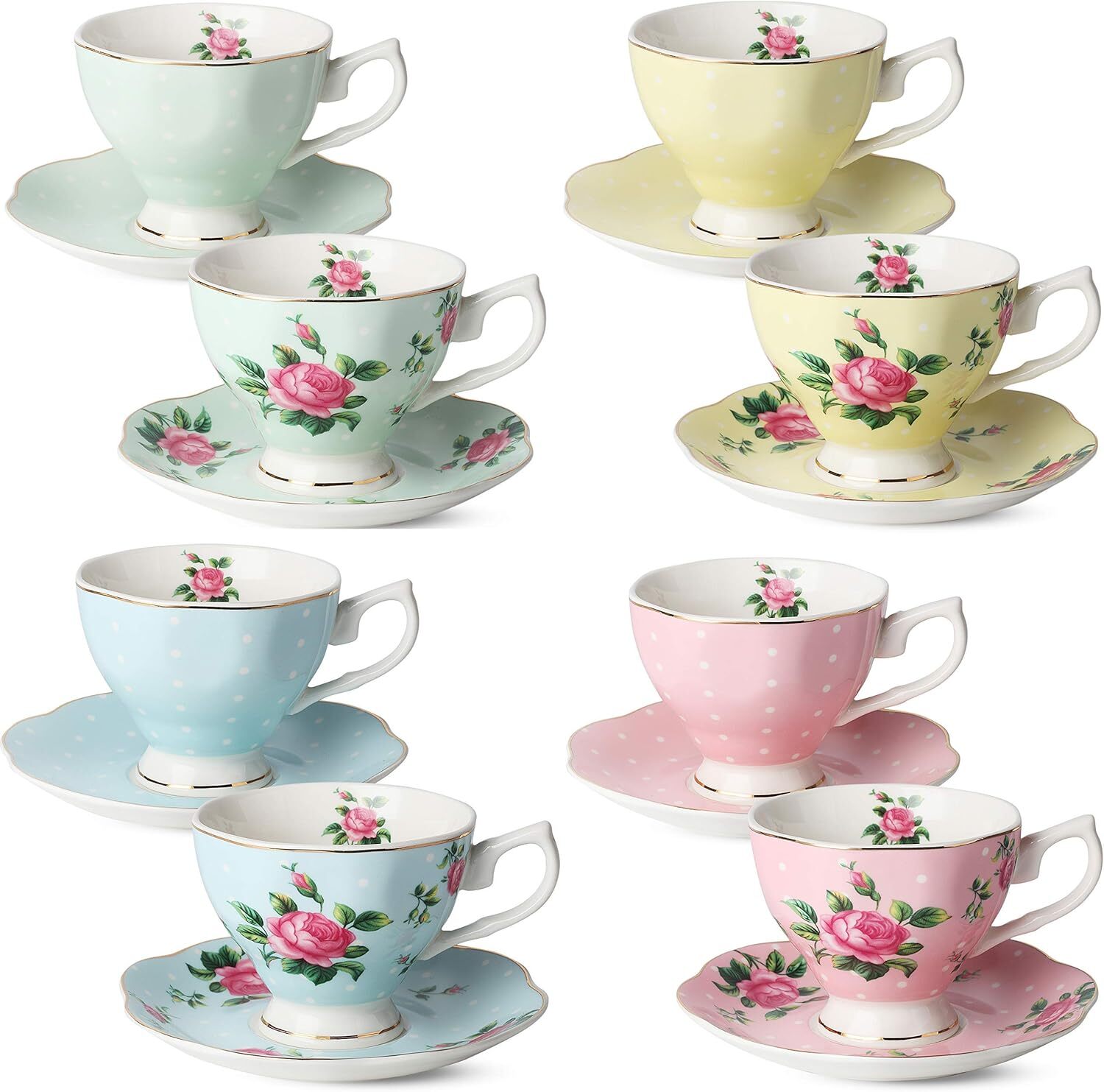Floral Tea Cups and Saucers Set of 8 (8 oz), Porcelain Tea Cup Sets Floral Tea Cups and Saucers Set of 8 (8 oz), Porcelain Tea Cup Sets