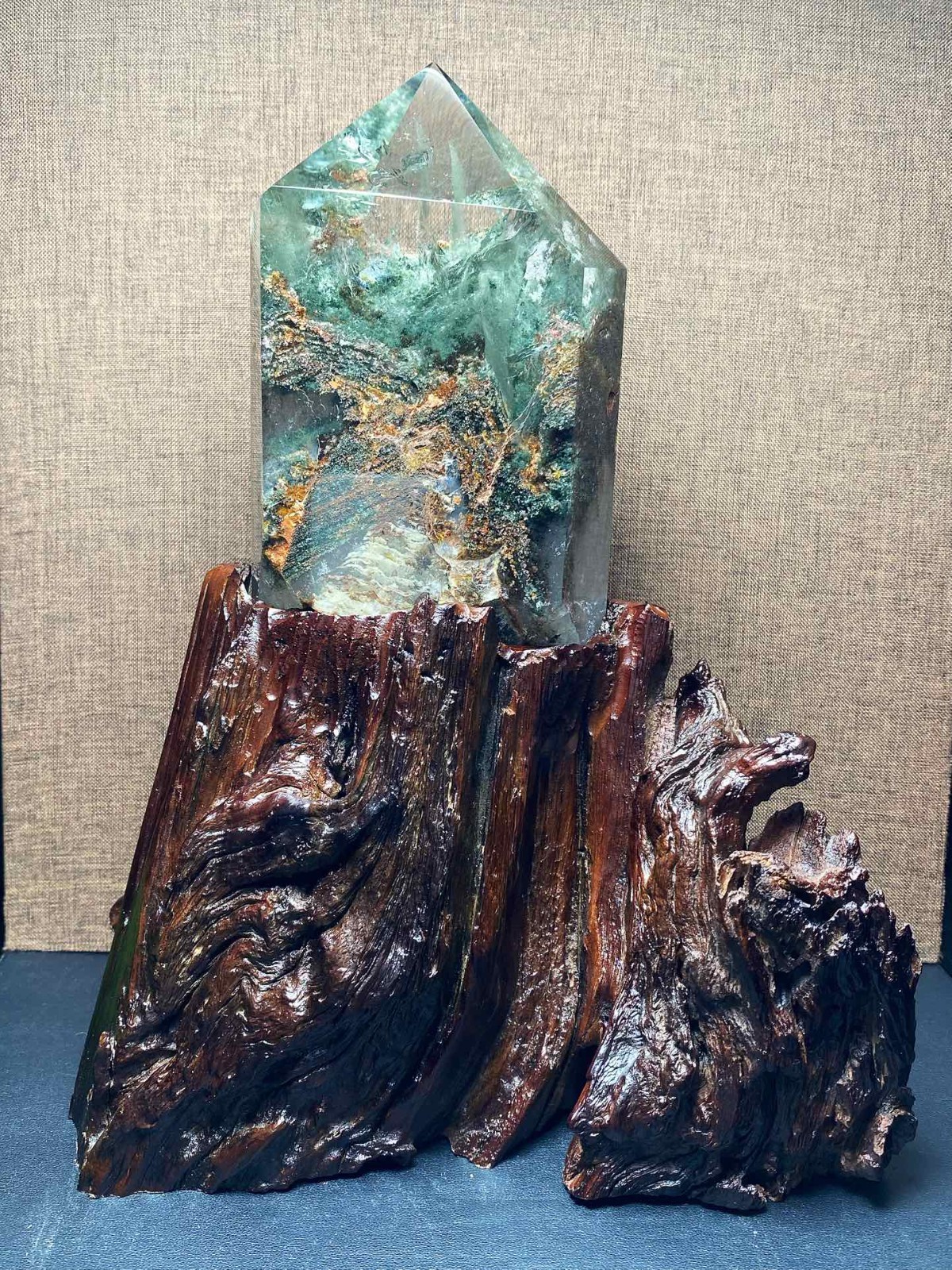 2.4lb Top Rare Natural green ghost phantom Quartz Mineral specimen Crystal+base