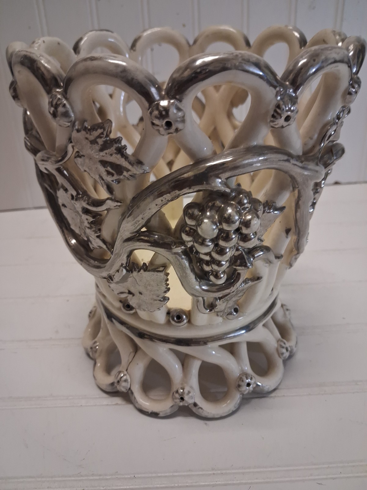 RARE Antique 19thC French Langeais Openwork Jardiniere Boissimon Platinum Grape