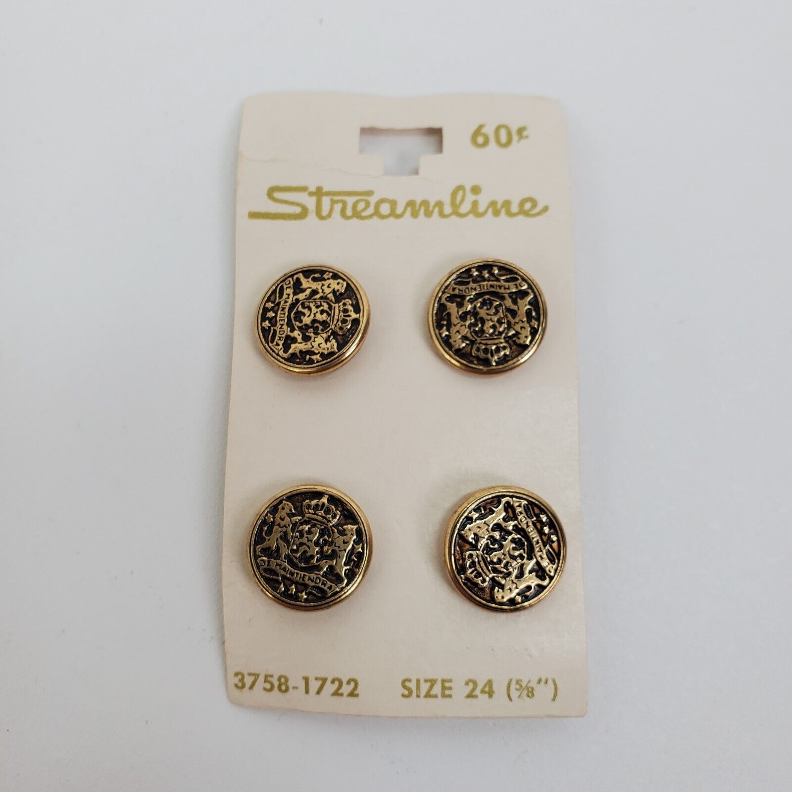 Vintage Streamline Buttons Gold Tone Crest Lion Crown Size 24 5/8 Inch 4 Count