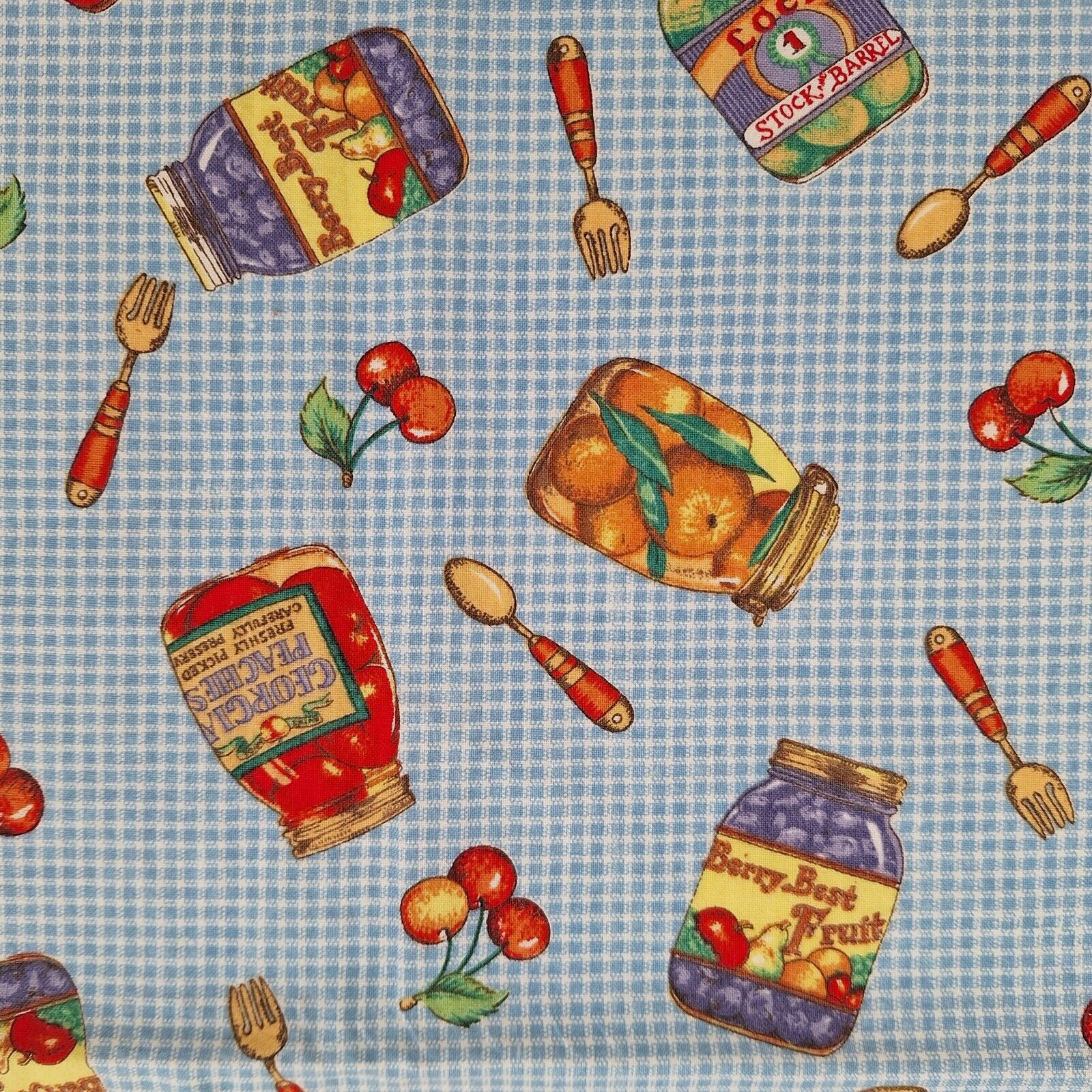 VTG Sharon Kessler Concord Tossed Canning Jars Checkered Blue Cotton Fabric 58
