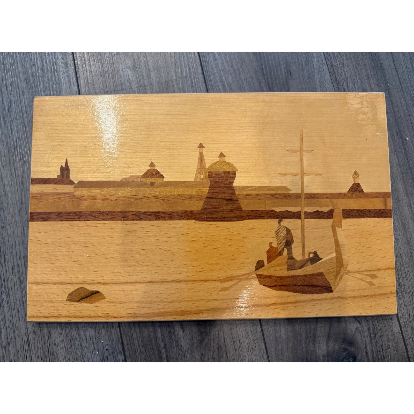 Vintage 1986 USSR Soviet Marquetry Wood Inlay Wall Art Panel Beriozka 15x19