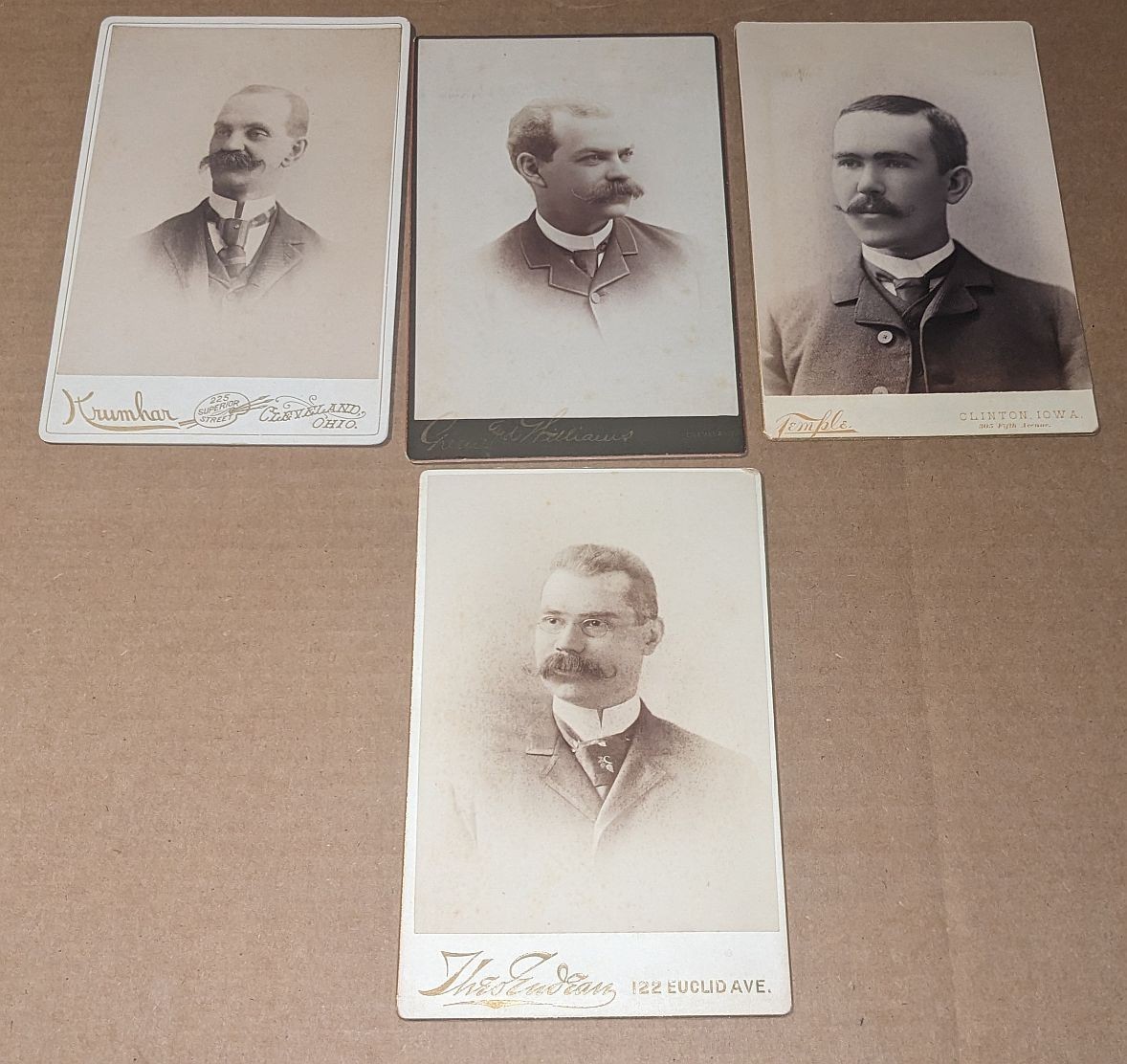 4 Men Cabinet Cards Curled Mustaches Mustachioed Cleveland Ohio Clinton Iowa