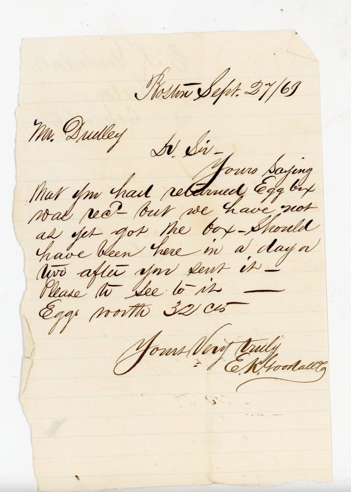 1869 Handwritten Letter Eggs Box Business Note Boston MA EK Goodall Signed