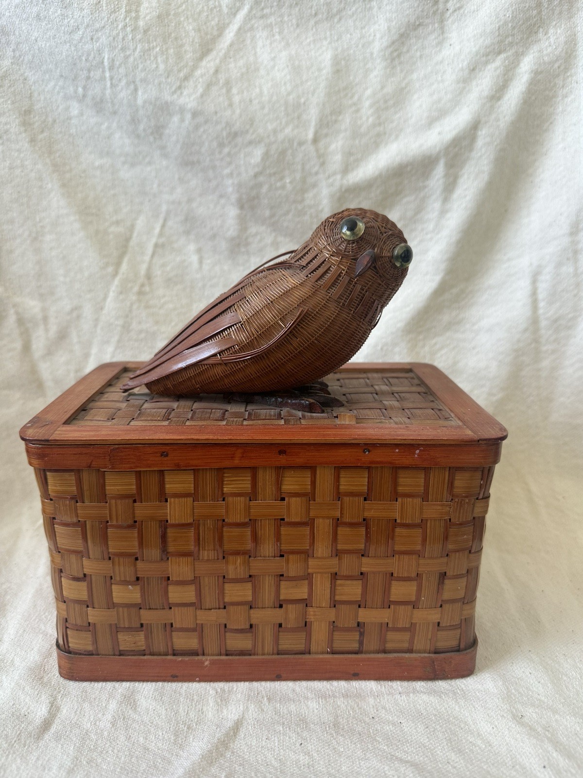 Vintage Shanghai Handicrafts Chinese Wicker Bamboo Owl Box 