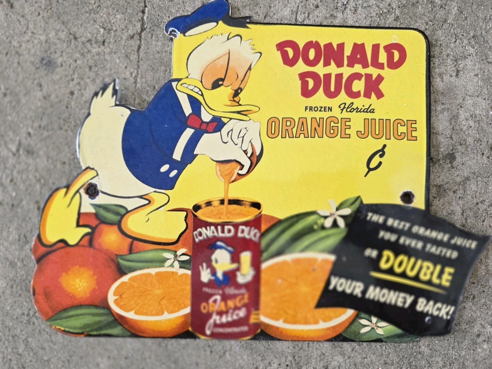 1950'S VINTAGE DONALD DUCK  ORANGE JUICE PORCELAIN SIGN 12