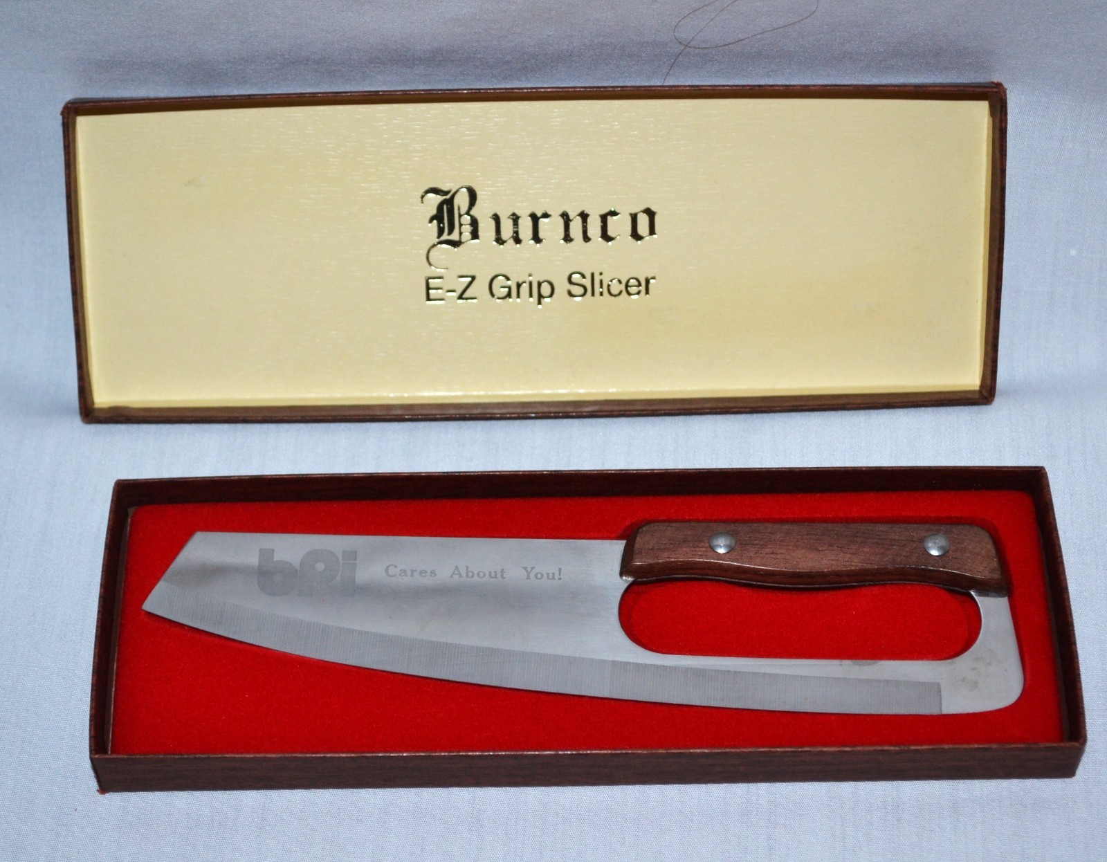 VTG Burnco E-Z Grip Slicer ~ Japan ~ Wooden Handle ~ Stainless Steel ~ IOB