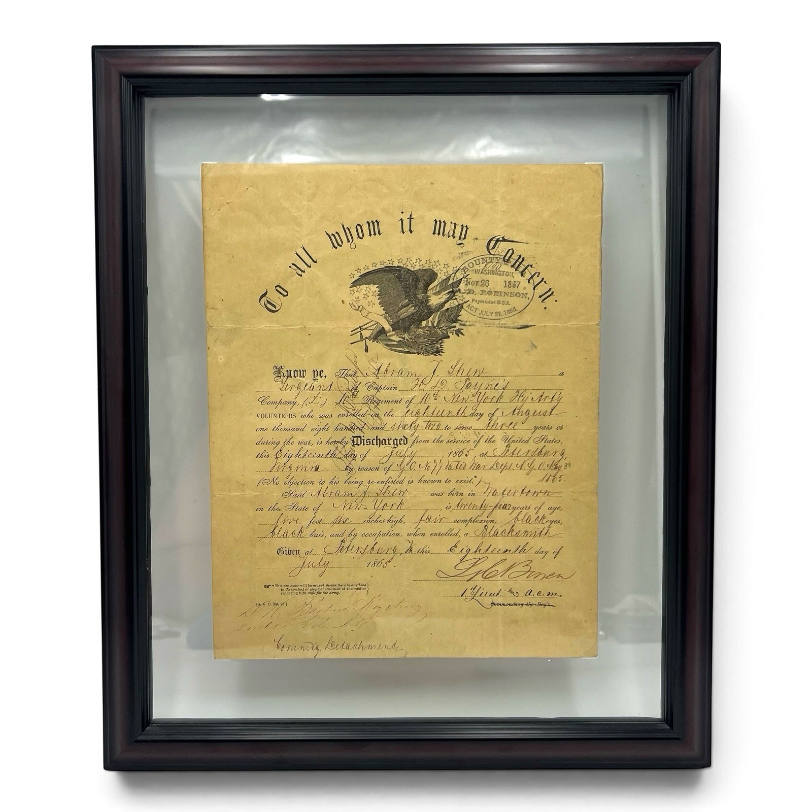 1865 Civil War Union Army Discharge Certificate Sgt Abram J Shew 10th NY