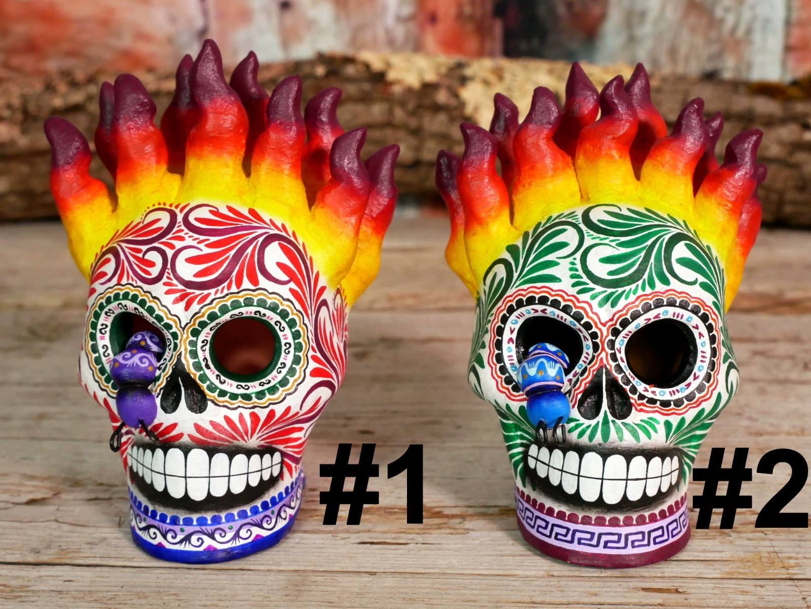 Sugar Skull Day of the Dead Flaming Hair - SOLD INDIVIDUALLY - Mexican Folk Art