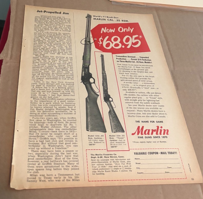 Vintage 1954 Magazine Ad Marlin Gun Cal. .35 Rem World's #1 Brush Gun