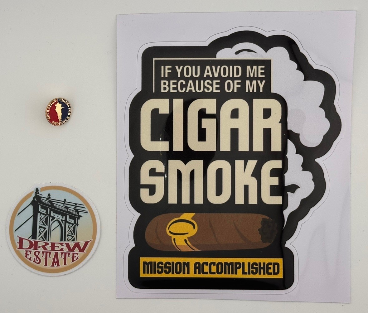 Drew Estate Swag Sticker & Cigars For Warriors Pin + Cigar Lover Bumper sticker