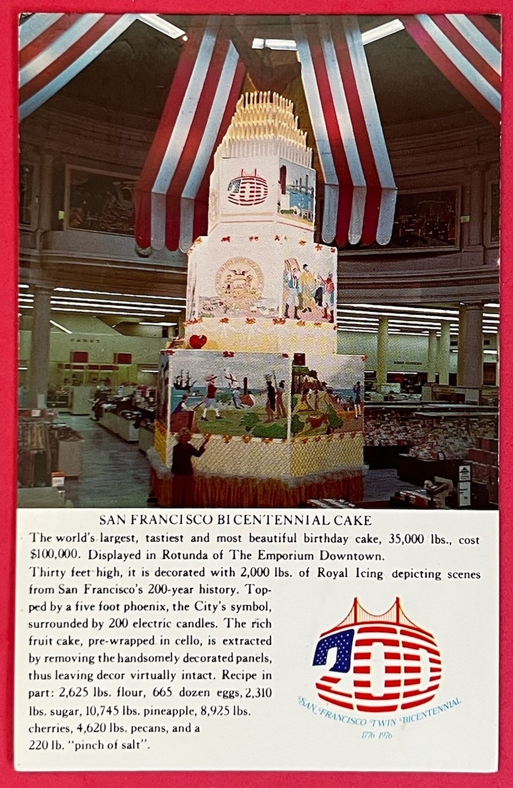 World's Largest Tastiest Birthday Cake. San Francisco Bicentennial.Postcard 1976