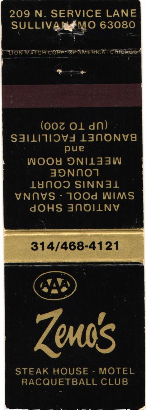 Zeno\'s Steak House Motel Sullivan MO Vintage Matchbook Cover 1960s-70s