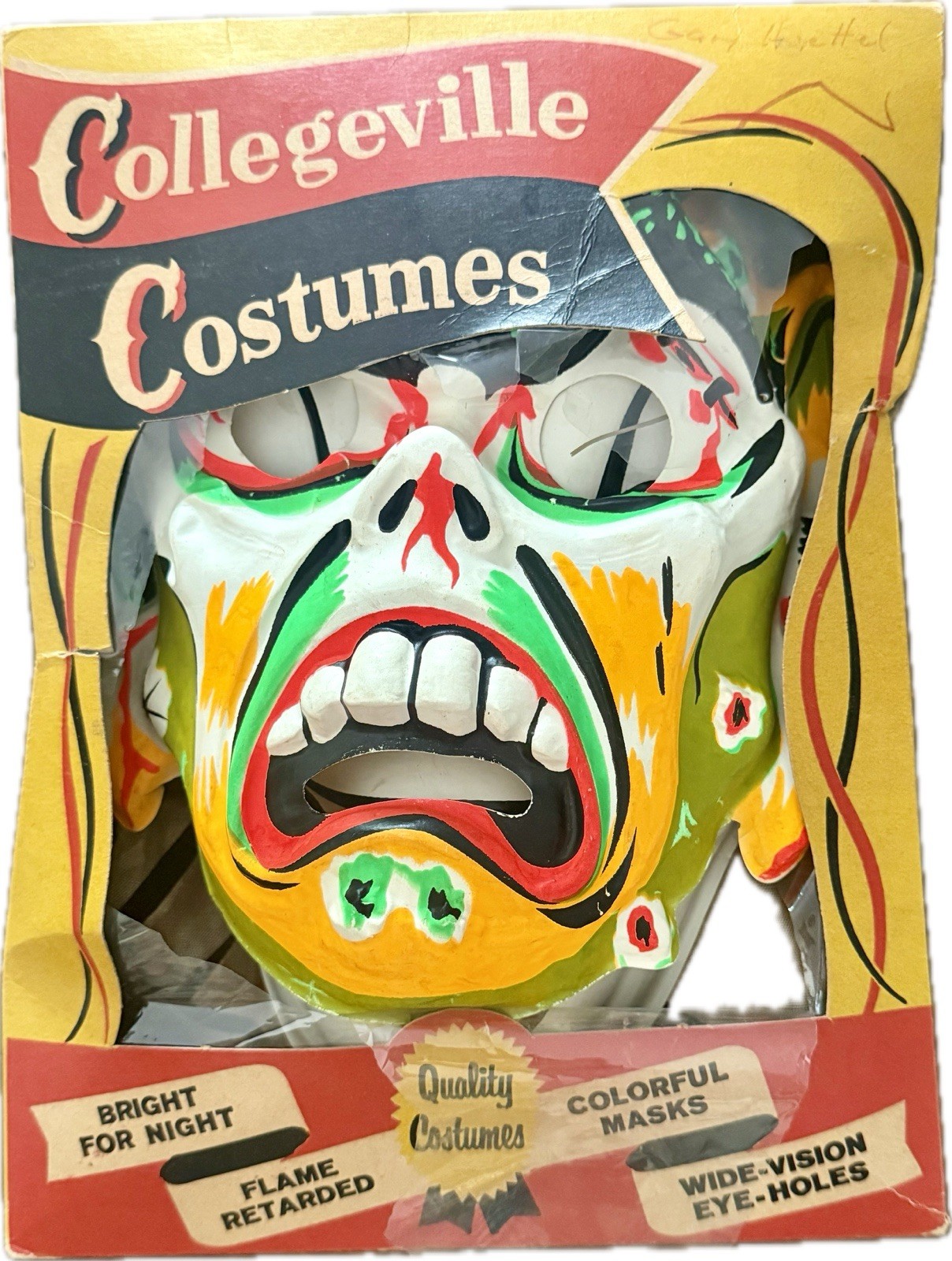 RARE Vtg 60's Collegeville Two-In-One Halloween Costume Face Mask-Misprint Box