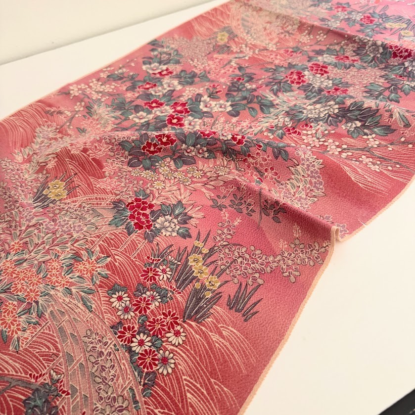 Graceful Pink #B 13.5x61 LONG Vintage Japanese Chirimen Kimono Silk Fabric CL14
