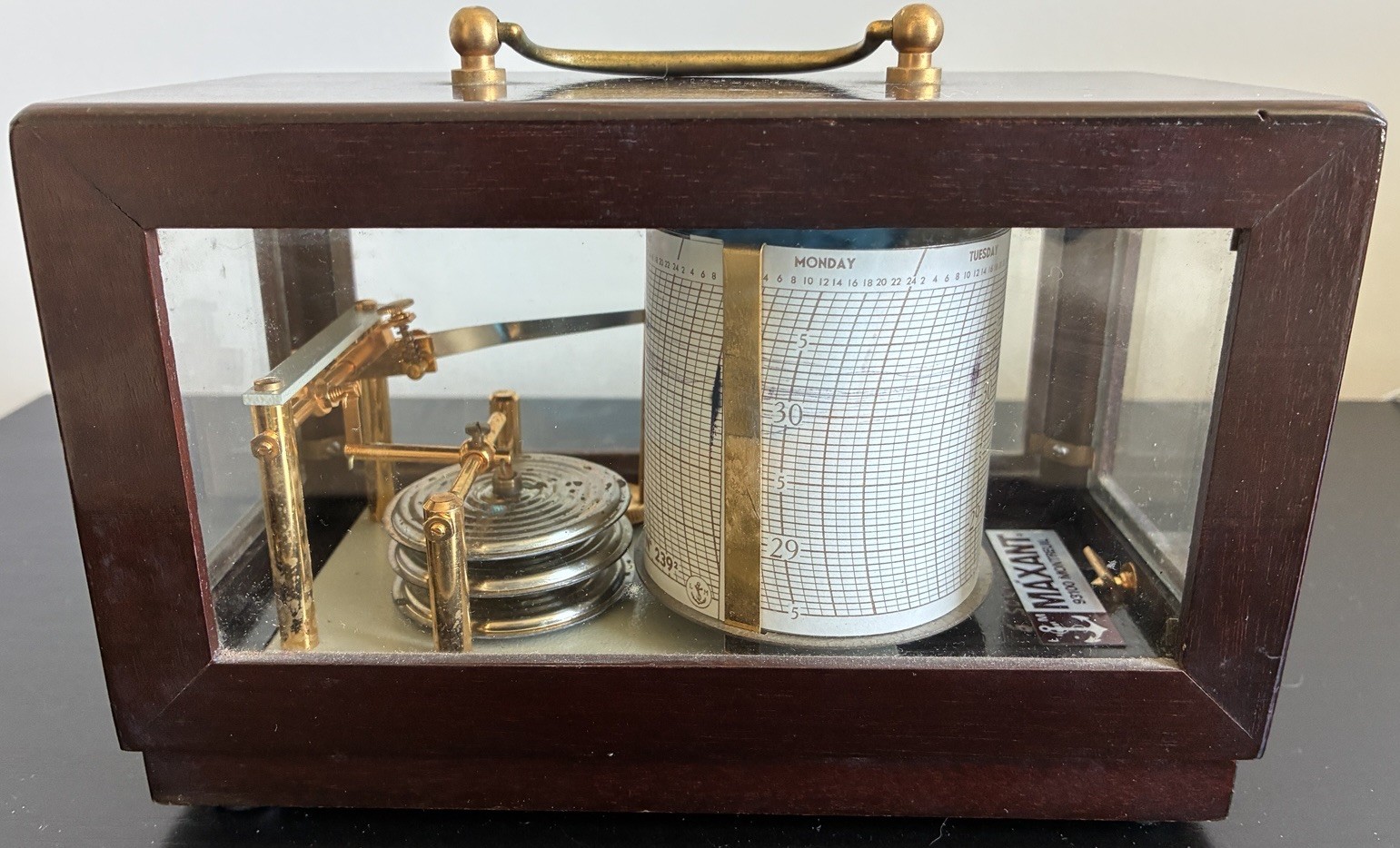 Vtg Maxant Marine Barograph Nautical Weather Recorder Barometer Wood Case w/Key