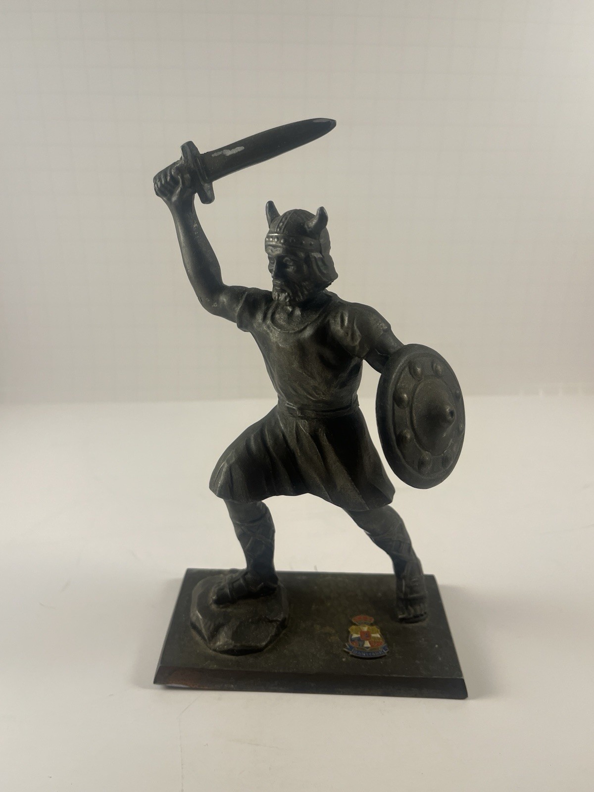 Vintage TERA Denmark Viking Warrior Bronze Finish Statue Enameled Danish Crest