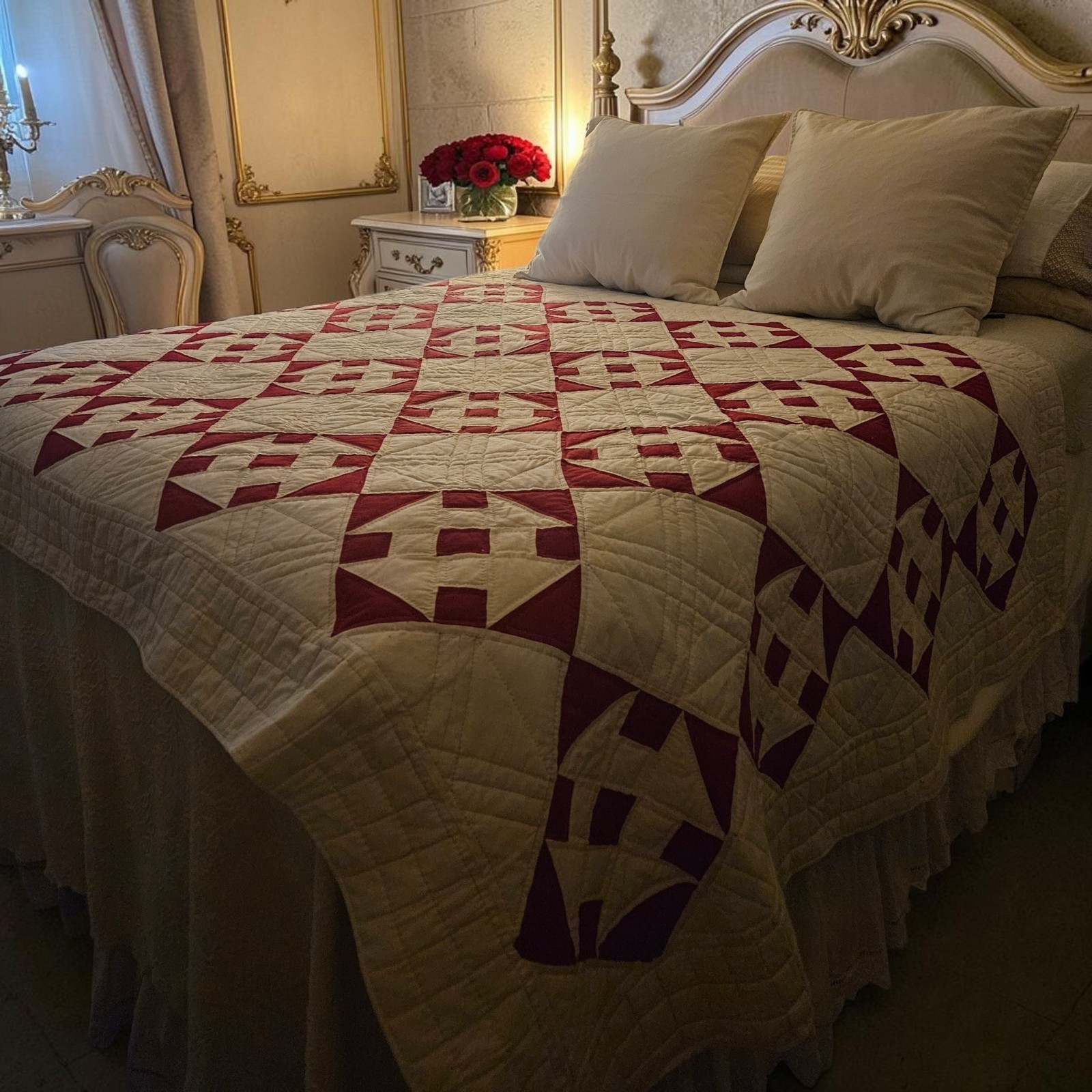Vintage Quilt White & Red Jacob\'s Ladder Handstitched 1950\'s 62\