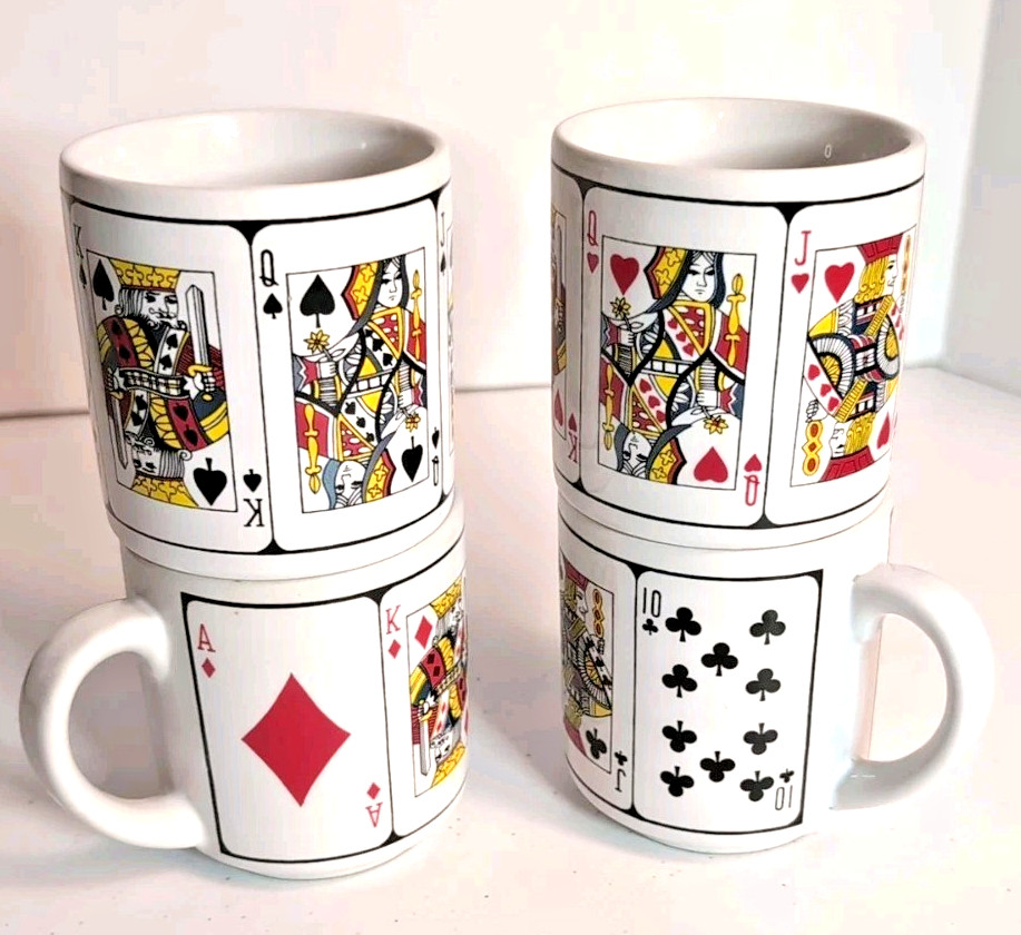 Set 4 Vintage Poker Coffee Mugs Royal Flush Hands Playing Cards NEW ORIG BOX