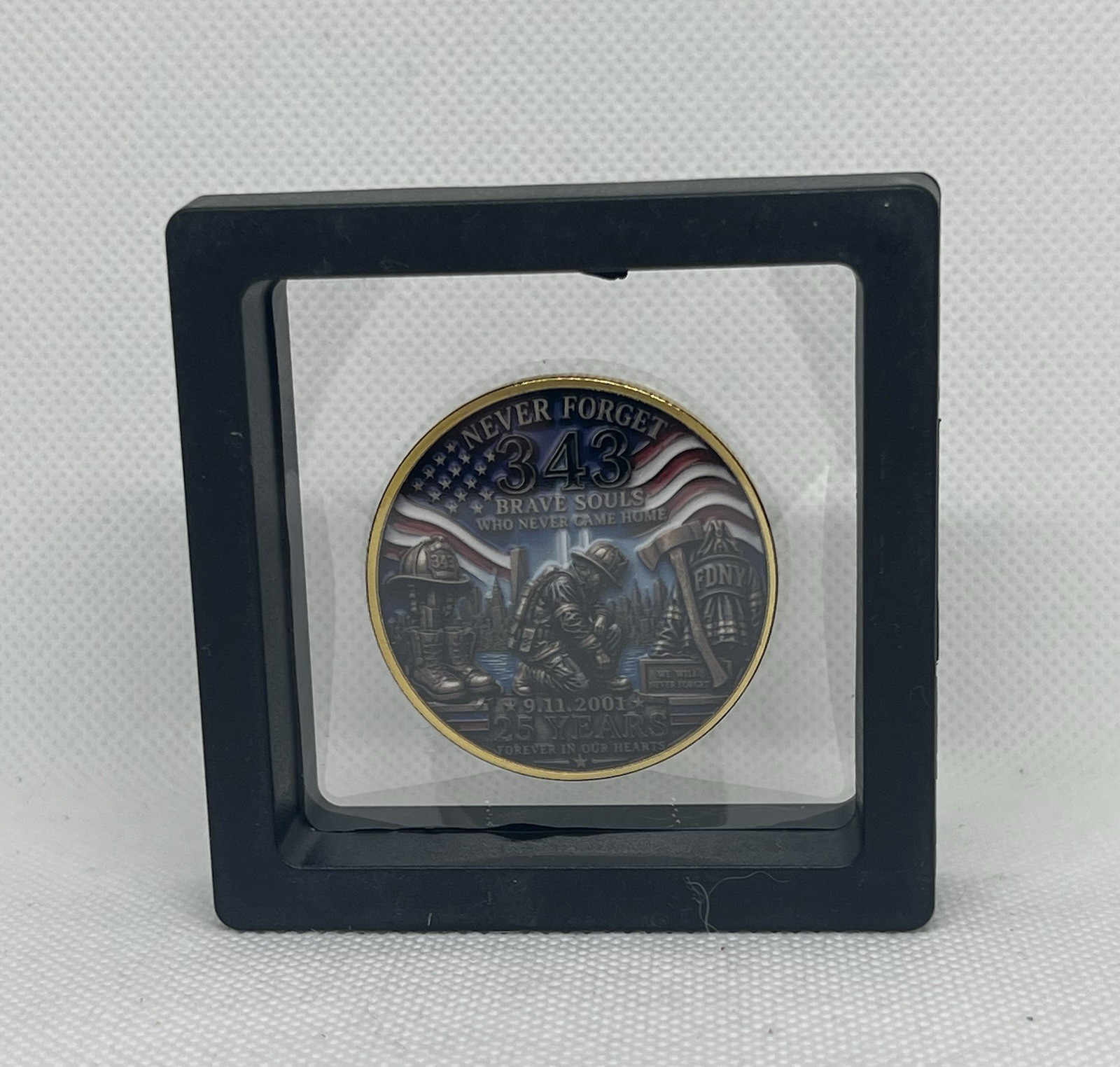 Sept 11th 25th Anniversary Memorial Challenge Coin In a 3D Floating Display