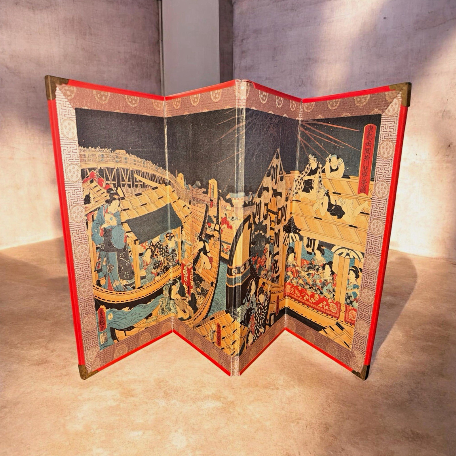 VTG Japanese Byobu Kunisada Ukiyo-e Textile 4 Panel Tabletop Folding Screen Box 