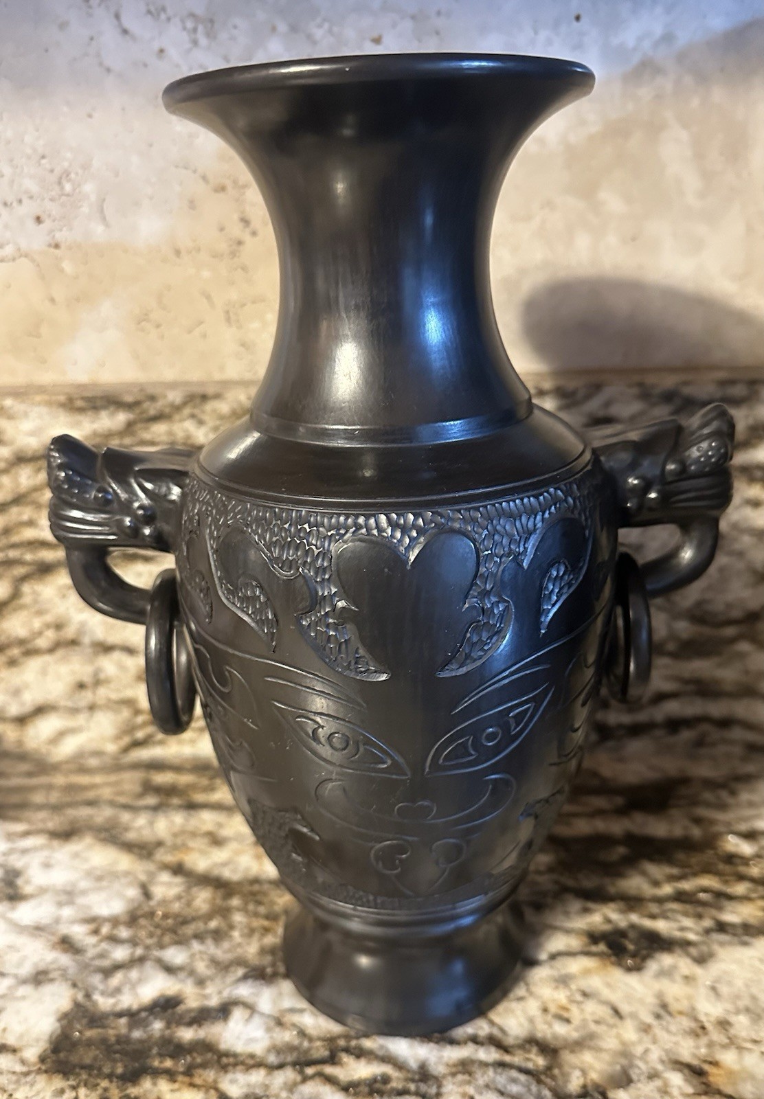 Vintage Chinese Black Archaistic Vase Dragon Handles Loose Rings Taotie Mask Hu