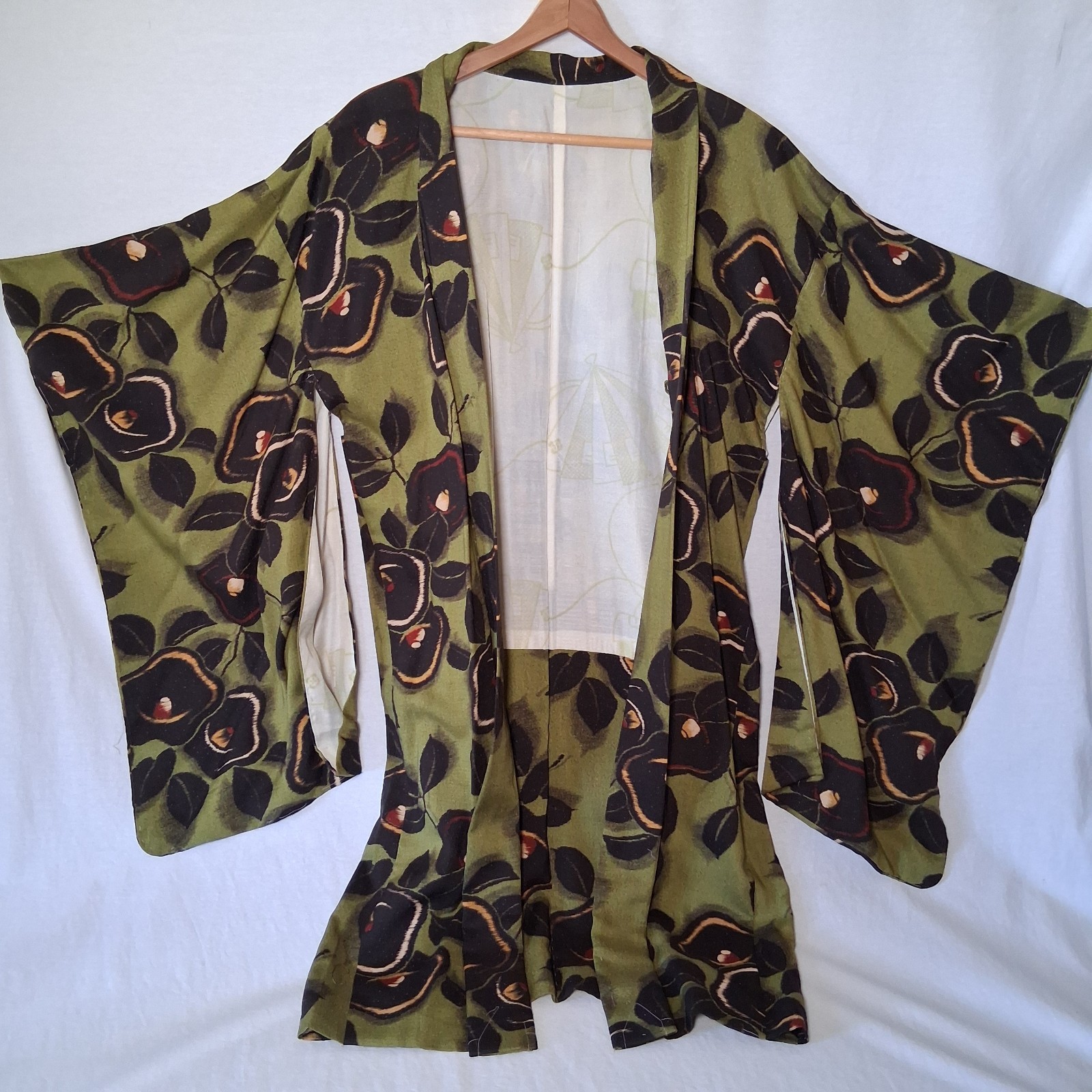Vintage Hand Stitched Kimono Shirt Jacket Green Black Floral Authentic Ethnic
