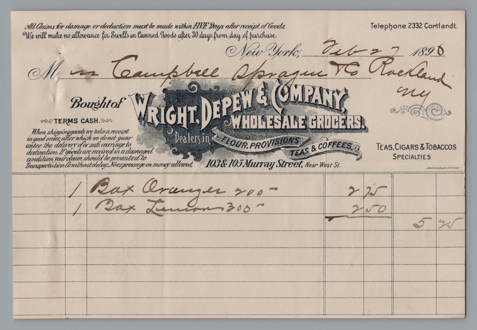 1896 Billhead Wright, Depew & Co. GROCERS, New York, Ephemera
