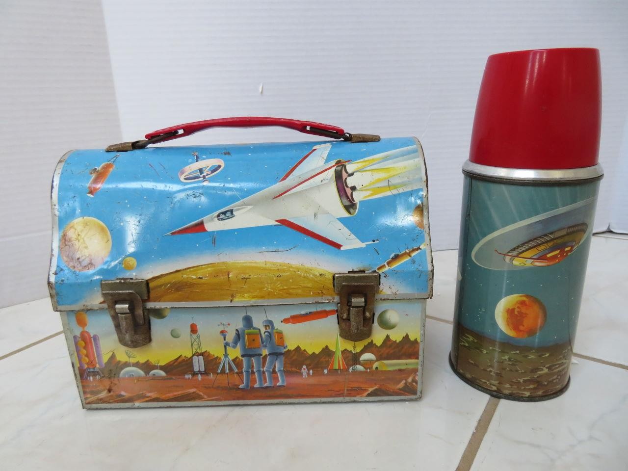Vintage 1960s Space Metal Lunchbox & Thermos UFO Flying Saucer Rocket