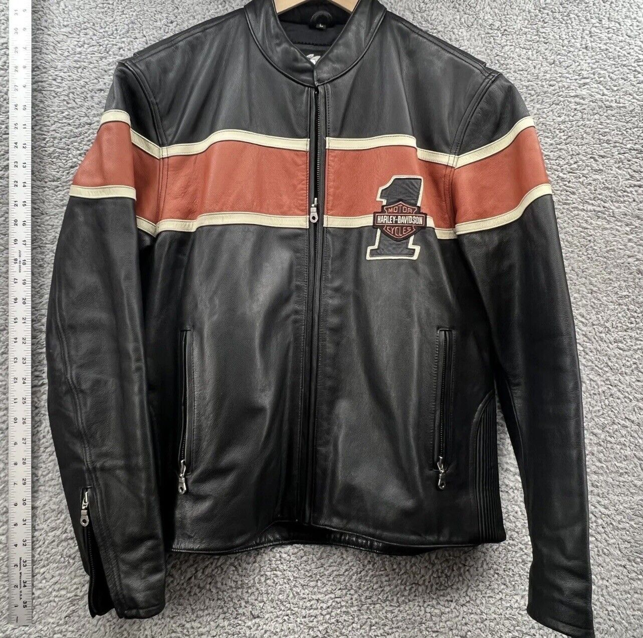 Harley Davidson Race #1 Men's Large Black & Orange Leather Riding coat jacket