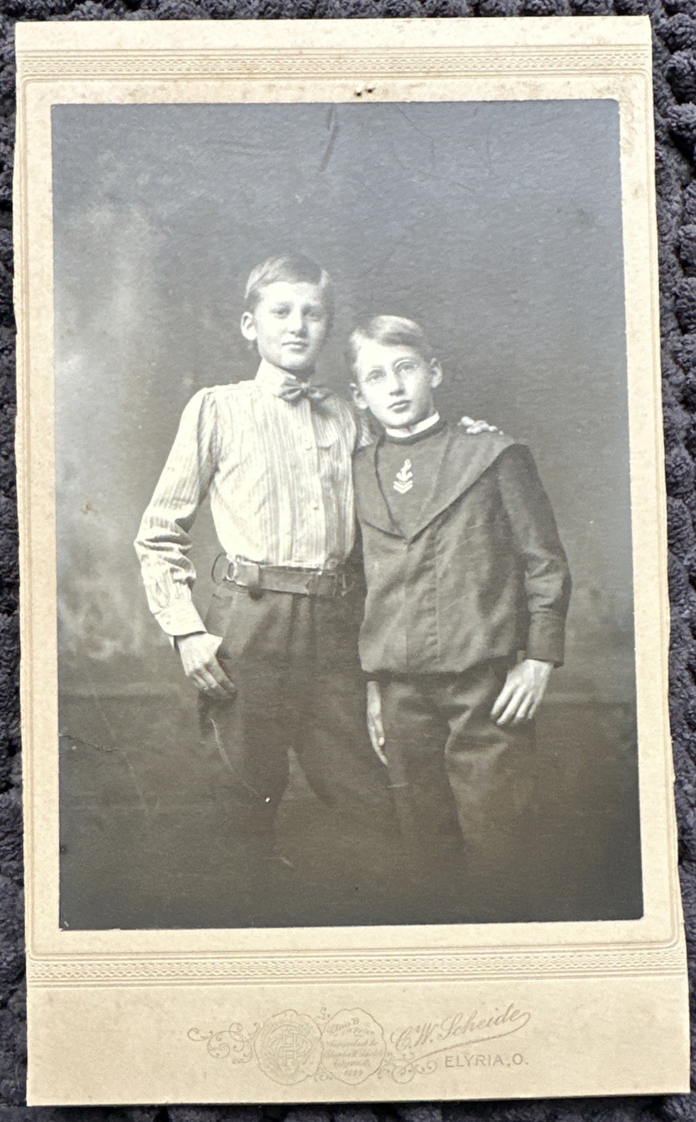 Antique 1890s Cabinet Card Photo Two Boys Sailor Suit C.W. Scheidle Elyria Ohio