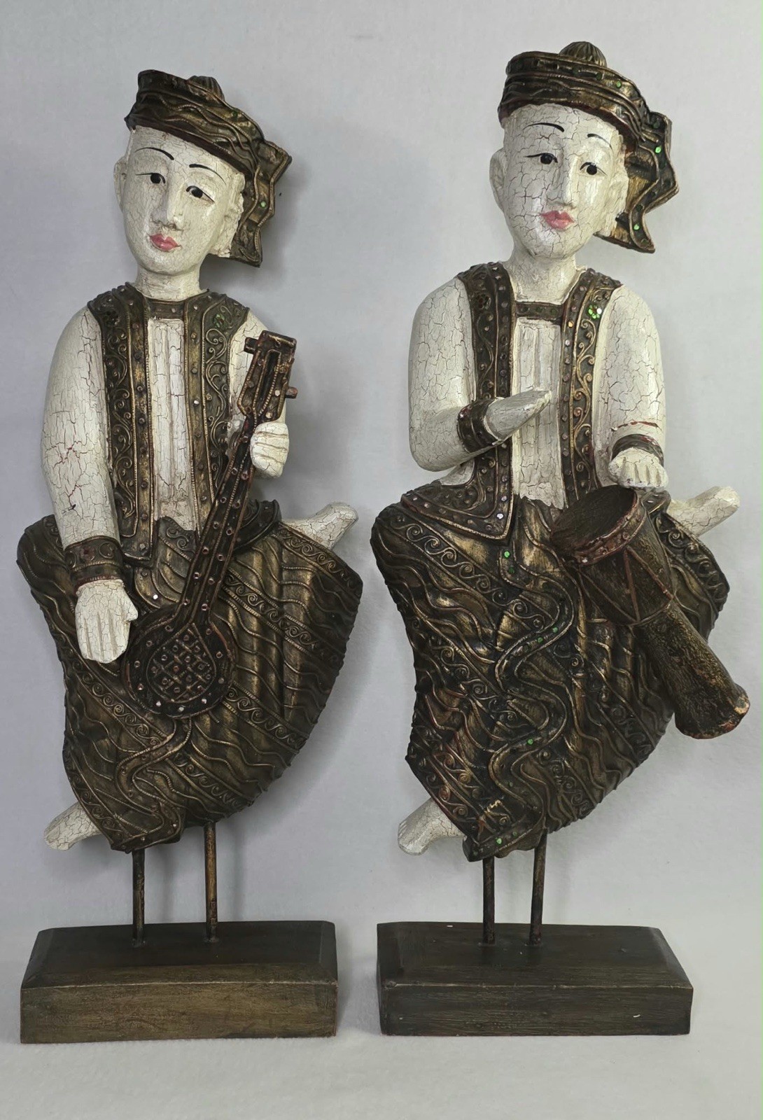 Vintage Thai Burmese Carved Wood Musician Statues Pair 27” Crackle Mirror Inlay 