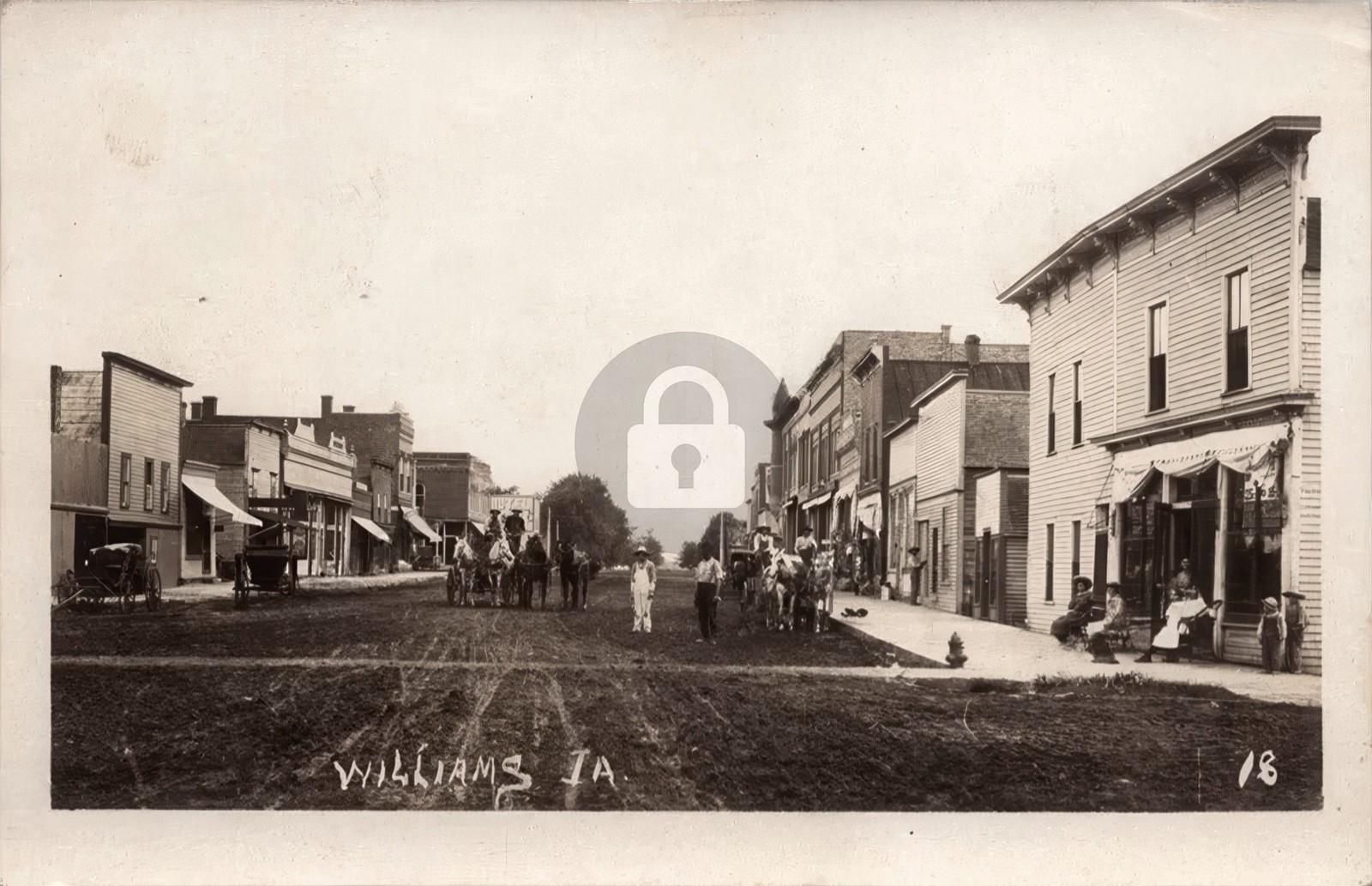 Dirt Main Street w Horse Wagons WILLIAMS Iowa Hamilton County 1910s RPPC COPY