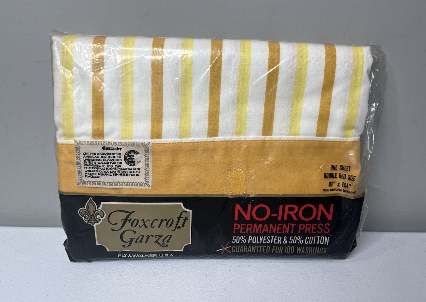 Vtg Foxcroft Garza Double Bed Sheet Gold Yellow Stripe MCM Caribbean Stripe Vtg Foxcroft Garza Double Bed Sheet Gold Yellow Stripe MCM Caribbean Stripe