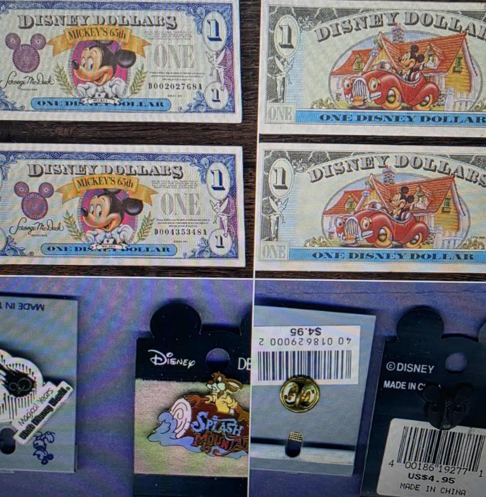 TWO 1993 Mickey $1 Disney Dollars and TWO BRAND NEW PINS