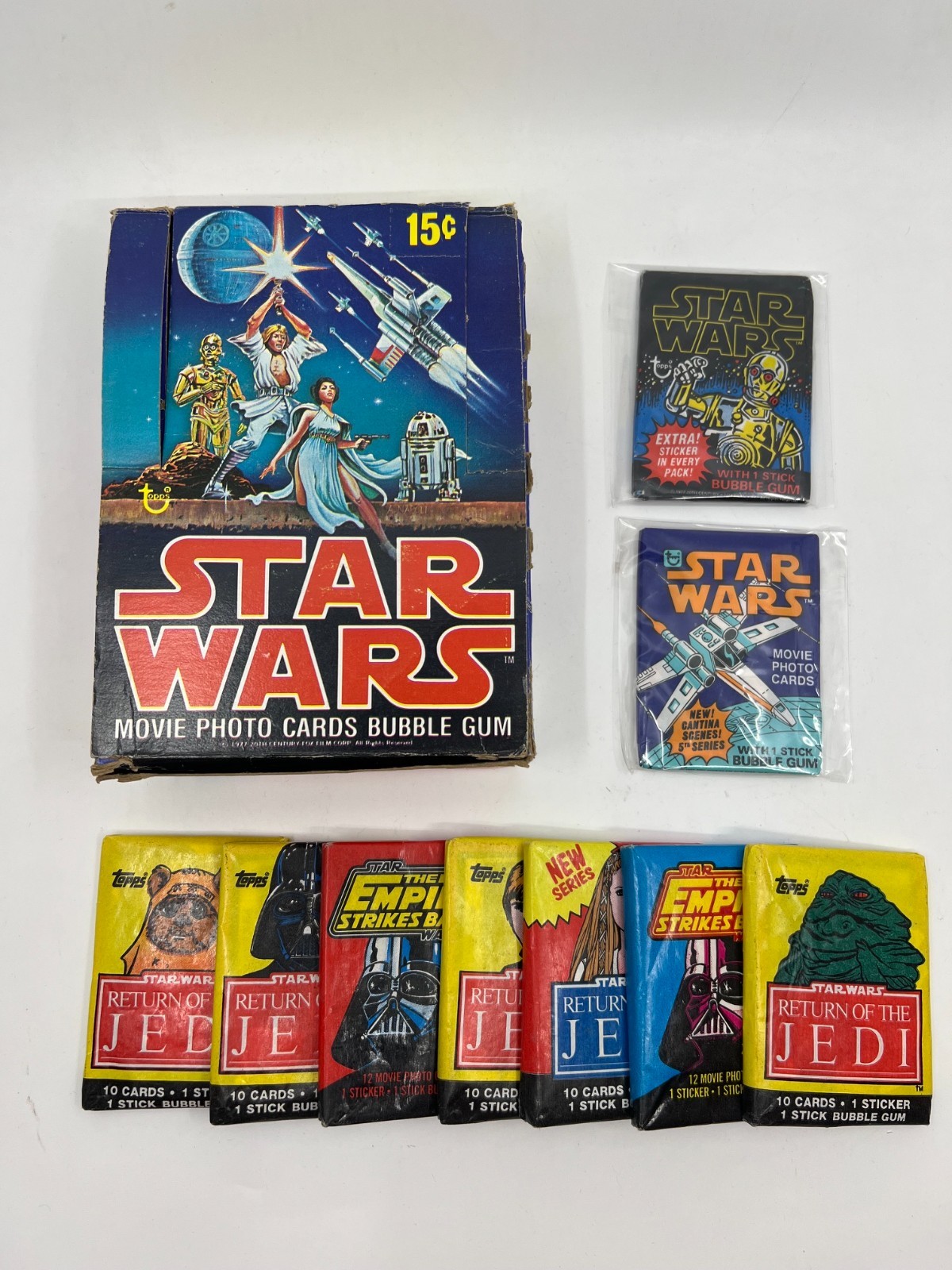 1977 Topps Star Wars Blue Series 1 Open Display Box w/ 9 Unopened Wax Packs