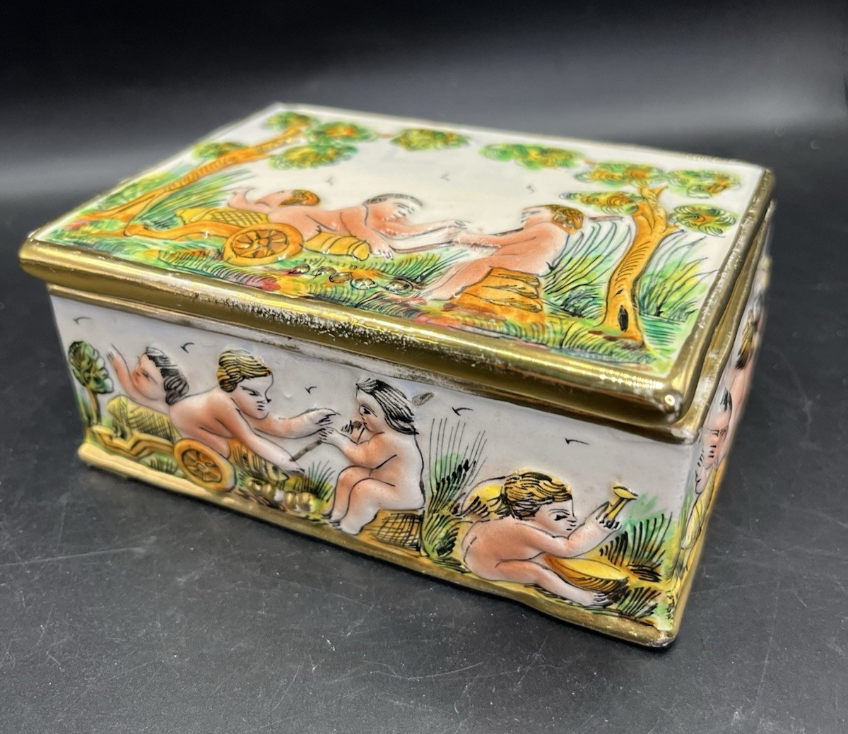 Vintage Italian Capodimonte Style Porcelain Cherub Trinket Box Crown N Italy