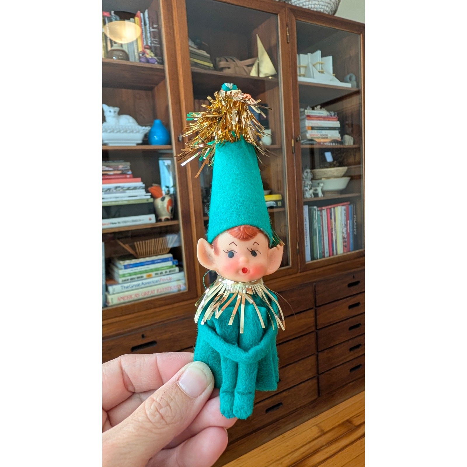 Vintage Green Knee Hugger Elf Christmas Ornament Made in Japan Holiday Kitsch