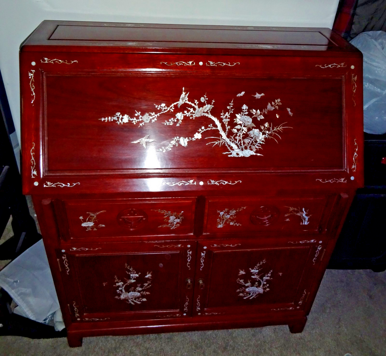 Rare VTG High Quality Rosewood Writing Desk Extensive Mother-of-Pearl MOP Inlay