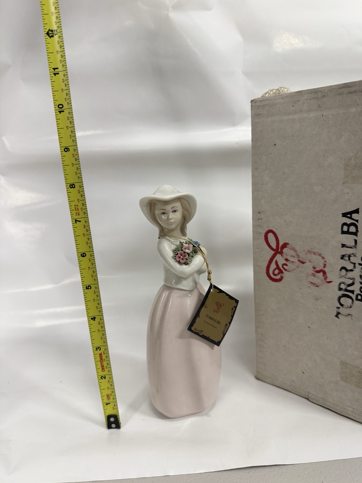 Vintage Torralba Spain Porcelain Lady Girl Figurine Pink Dress 8” w/ Box Tag