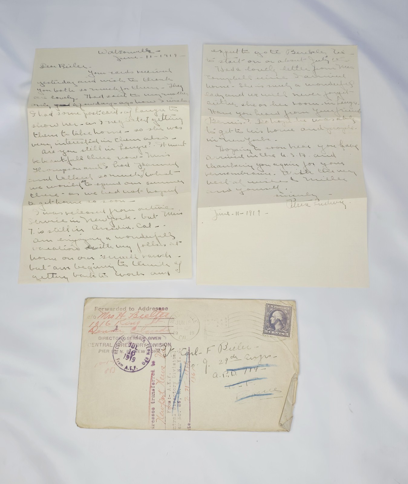 1919 Family Letter to Soldier Post WWI American Expeditionary Forces