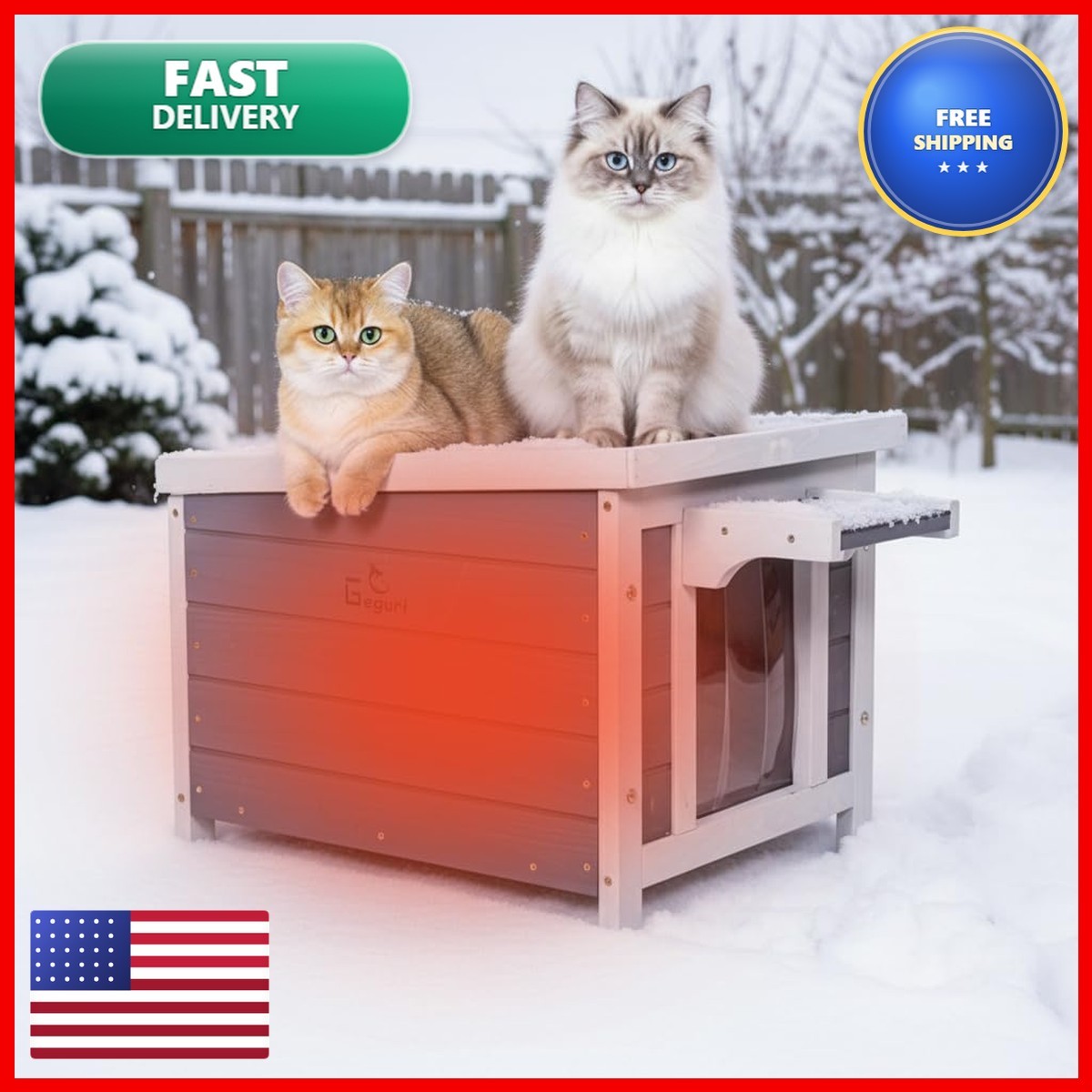 GEGURI Insulated Cat House Outdoor Weatherproof, Large Wooden Feral Cat Shelter